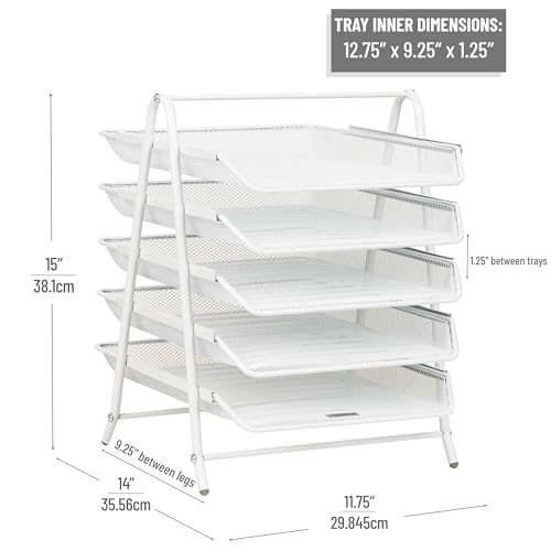 Mind Reader 5-Tier Paper Tray Organizer, Vertical Desktop File Storage Rack, Office, Metal Mesh, White - Image 3