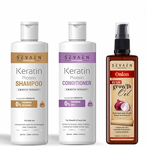 Sevaen Keratin Smooth Daily Shampoo & Keratin Smooth Daily Conditioner & Onion Hair Oil With Almond And Karonji Oil, No Mineral, No Sulfate (Pack Of 3) For All Hair - Image 1