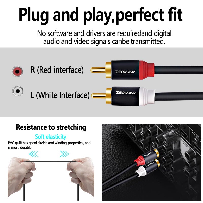 ZEQKULW RCA Audio Cable 10 ft 2RCA Male to Male Stereo Audio RCA Cables Dual Shielded Gold-Plated 2 RCA Stereo Cable for car Audio Video Cord, Hi-Fi Systems or Home Theater, HDTV(1, Black,10FT) - Image 4