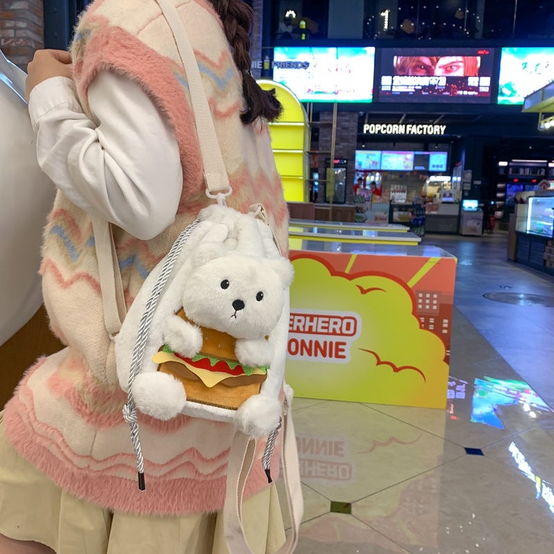 Cute Hamburger Bear Backpack Cartoon Doll Crossbody Bag Plush Doll Multi-Purpose Small Backpack Women'S Gift - Image 2