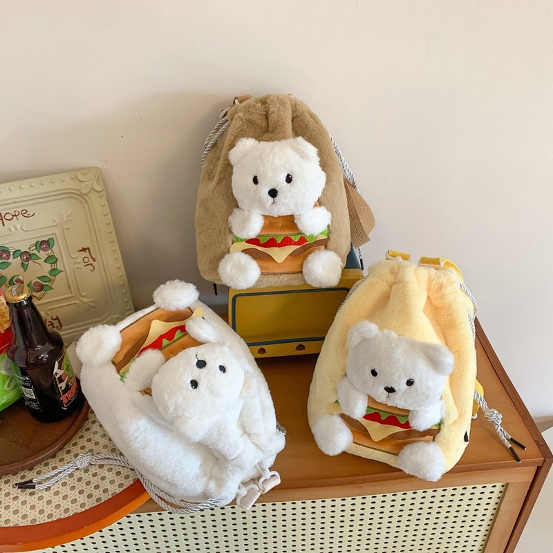 Cute Hamburger Bear Backpack Cartoon Doll Crossbody Bag Plush Doll Multi-Purpose Small Backpack Women'S Gift - Image 5