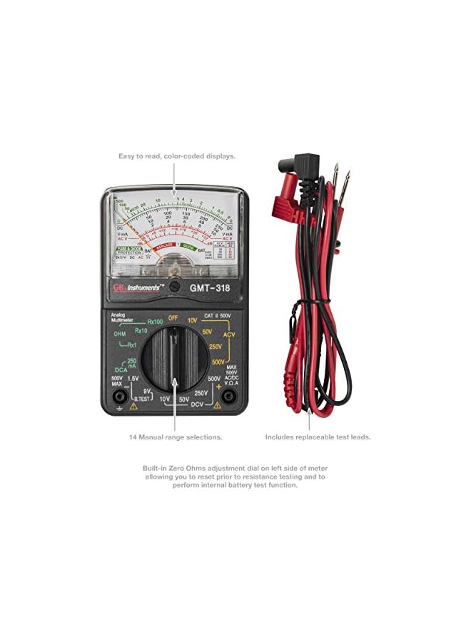 Gardner Bender GMT-318 Analog Multimeter, 6 Function, 14 Range, AC/DC Volt, 500V - Image 4