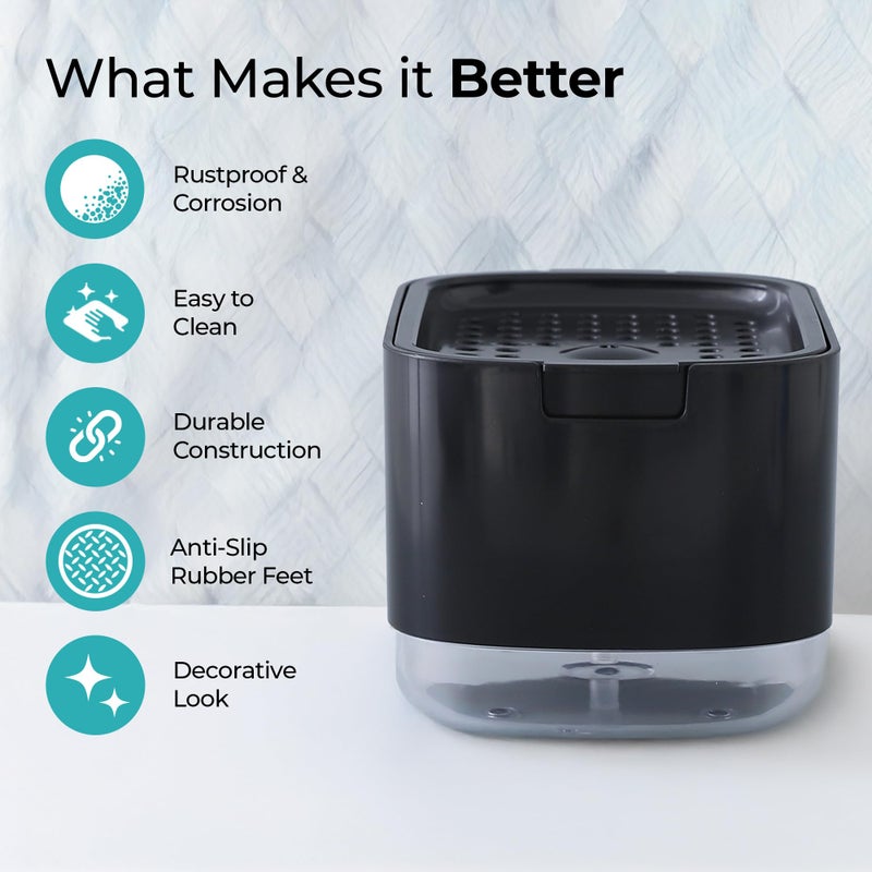 The Better Home Bathroom Soap Dispensers | 300ml | 2 in 1 Press Soap Dish for Kitchen Sink | Multifunctional Soap Dispenser Pump with Sponge Holder | Durable Kitchen Accessories Items | Black - Image 3