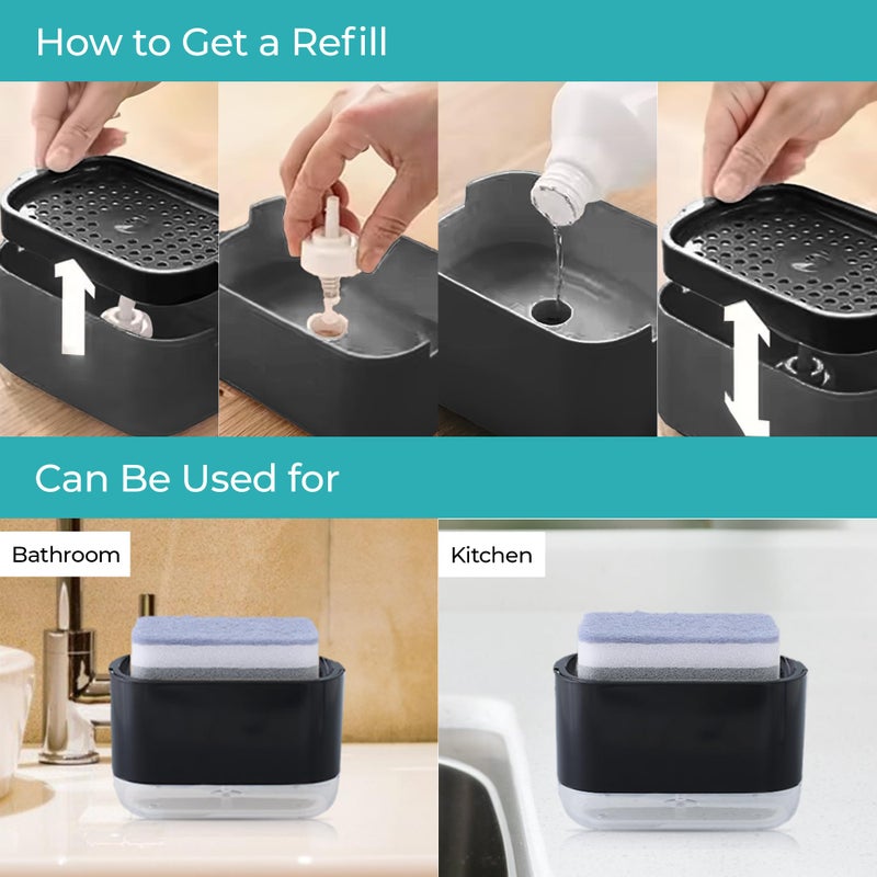 The Better Home Bathroom Soap Dispensers | 300ml | 2 in 1 Press Soap Dish for Kitchen Sink | Multifunctional Soap Dispenser Pump with Sponge Holder | Durable Kitchen Accessories Items | Black - Image 5