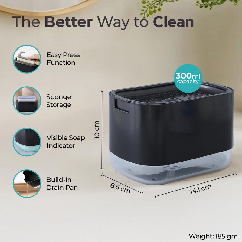 The Better Home Bathroom Soap Dispensers | 300ml | 2 in 1 Press Soap Dish for Kitchen Sink | Multifunctional Soap Dispenser Pump with Sponge Holder | Durable Kitchen Accessories Items | Black - Image 4