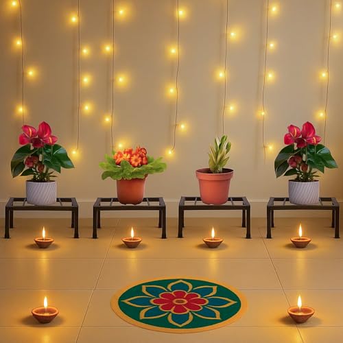 GADDA CO Square Plant Stand Set of 4 with Strong Black Metal Stand | 25x25x12 cm | 100 KG Load | Stylish Indoor & Outdoor Pot Stand for Balcony, Home & Garden Decoration | Rust-Resistant Gamla Holder - Image 3