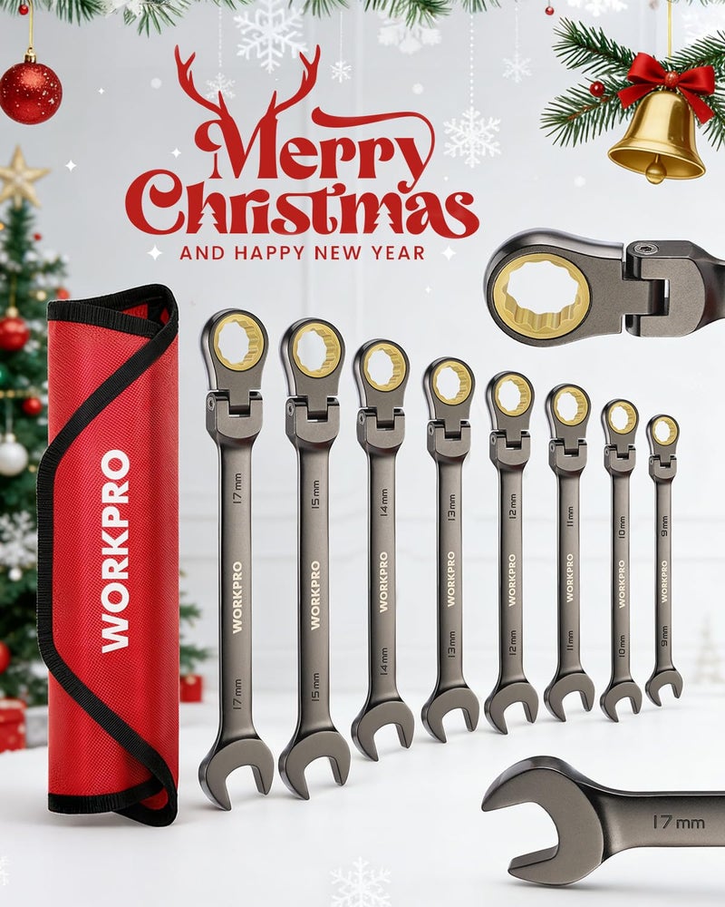 WORKPRO 8-piece Flex-Head Ratcheting Combination Wrench Set, Metric 9-17 mm, 72-Teeth, Cr-V Constructed, Nickel Plating with Organization Bag - Image 2