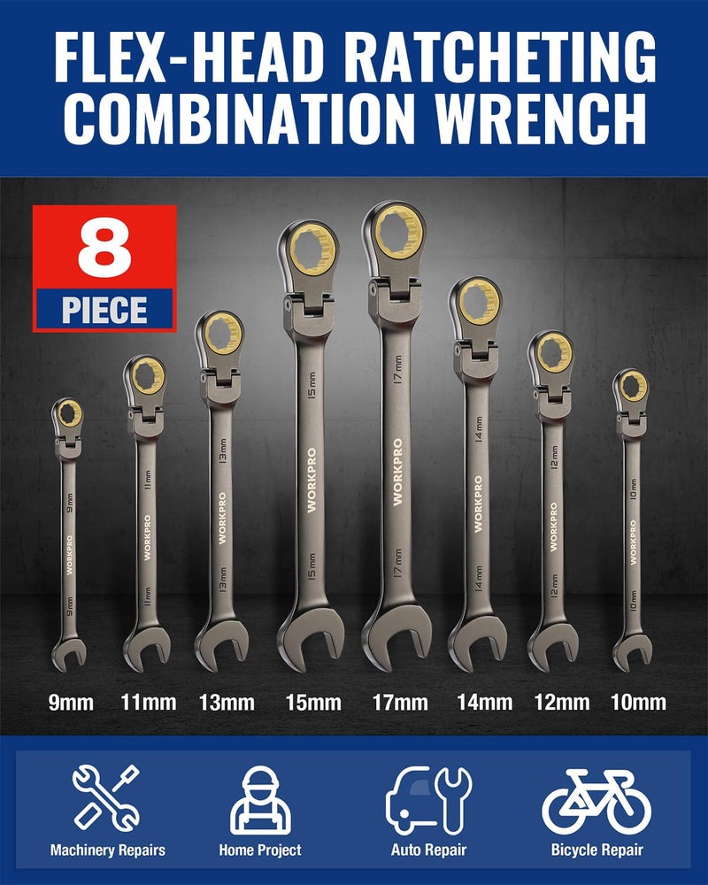 WORKPRO 8-piece Flex-Head Ratcheting Combination Wrench Set, Metric 9-17 mm, 72-Teeth, Cr-V Constructed, Nickel Plating with Organization Bag - Image 4