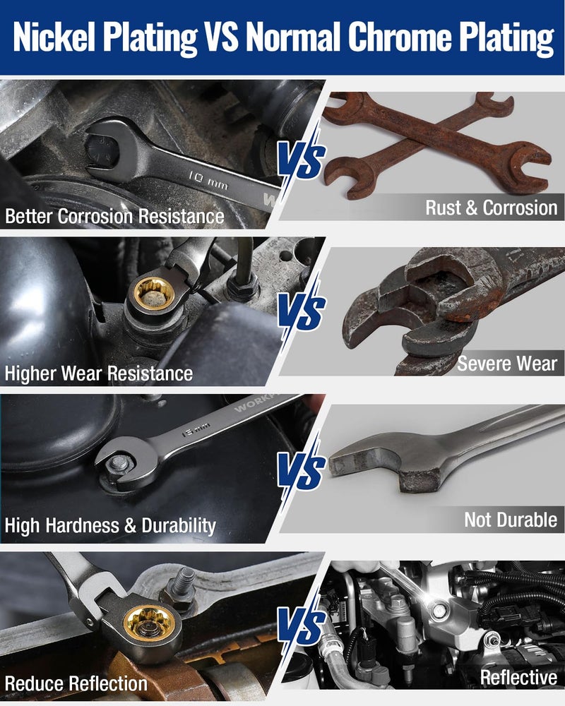 WORKPRO 8-piece Flex-Head Ratcheting Combination Wrench Set, Metric 9-17 mm, 72-Teeth, Cr-V Constructed, Nickel Plating with Organization Bag - Image 3