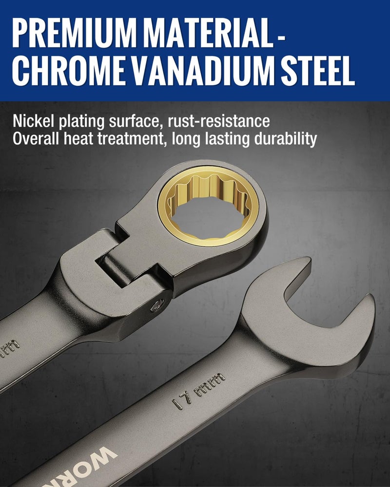 WORKPRO 8-piece Flex-Head Ratcheting Combination Wrench Set, Metric 9-17 mm, 72-Teeth, Cr-V Constructed, Nickel Plating with Organization Bag - Image 5