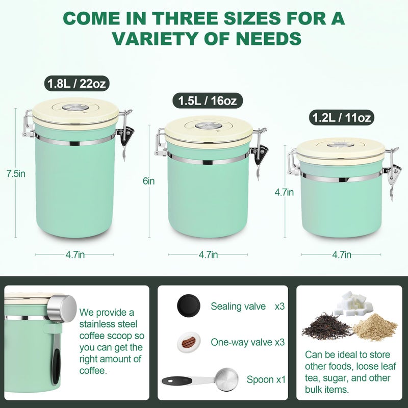 ShanSon Coffee Canister Airtight Coffee Container Stainless Steel Coffee Bean Storage Container with Scoop Coffee Canister for Beans Grounds Sugar Flour Tea Cereal,16OZ,Green - Image 3