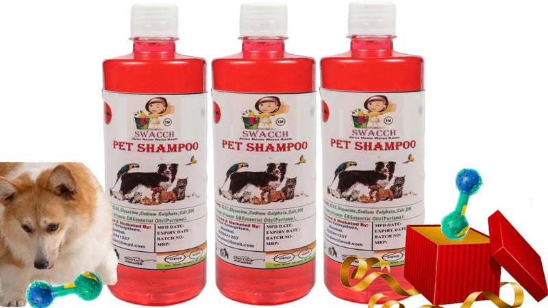 swacch Pet Shampoo + Dumbbell Toy I Durable Rubber Dog Toy for Chewing I Playing,Teeth Cleaning & Training Toy I Combo Pack I 500ml Pack of 3 Strawberry - Image 1