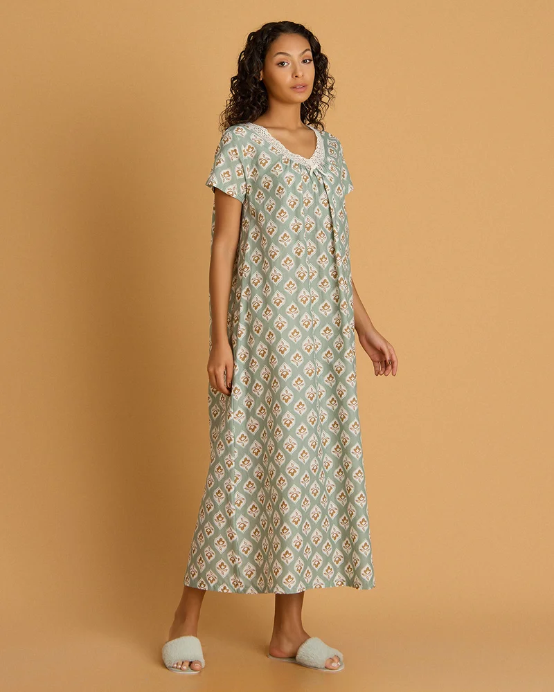 Redtag Women Green Printed Long Nightgown
