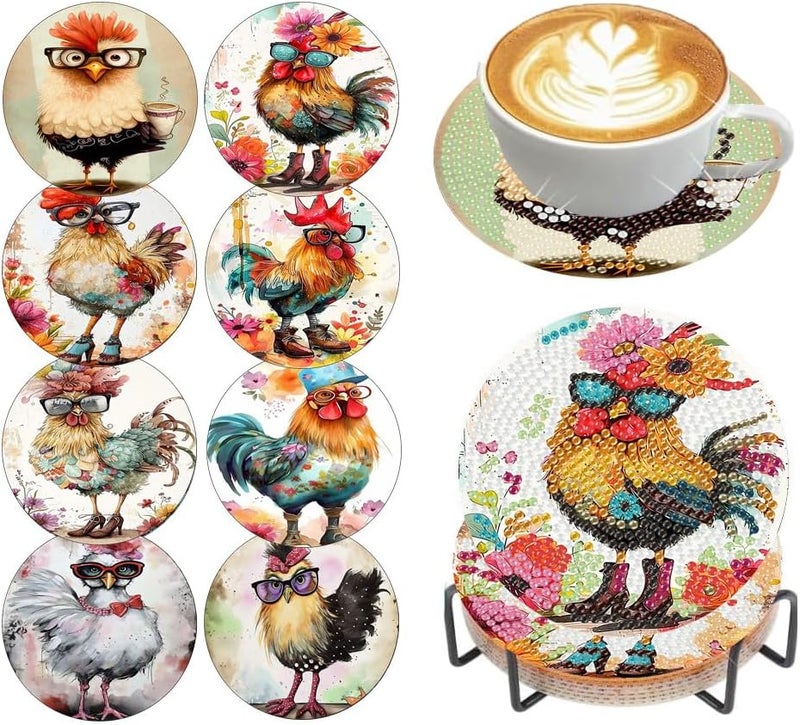 croshom 8 Pieces Diamond Art Coasters Kit, Diamond Painting Coasters, Chicken Diamonds Art Painting Kits,5D DIY Full Drill Diamonds Arts Kits for Adults Gift & Home Decor - Image 1