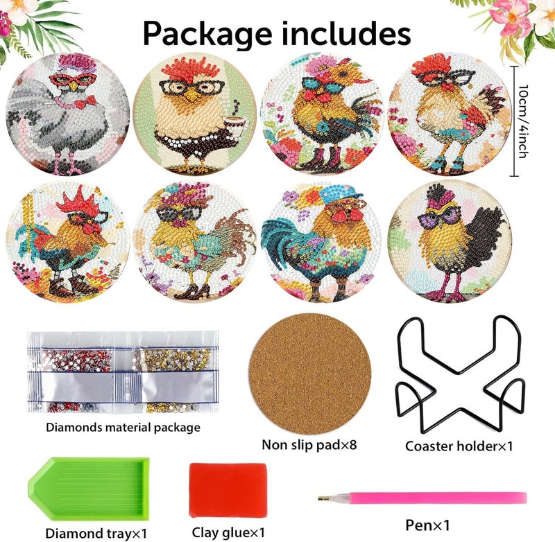 croshom 8 Pieces Diamond Art Coasters Kit, Diamond Painting Coasters, Chicken Diamonds Art Painting Kits,5D DIY Full Drill Diamonds Arts Kits for Adults Gift & Home Decor - Image 4