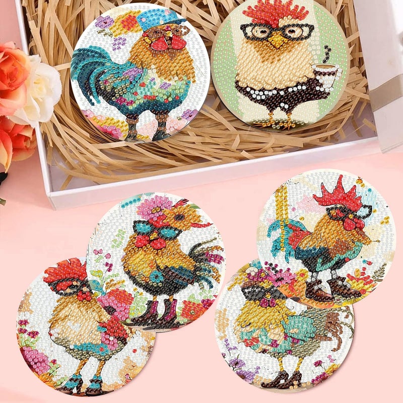 croshom 8 Pieces Diamond Art Coasters Kit, Diamond Painting Coasters, Chicken Diamonds Art Painting Kits,5D DIY Full Drill Diamonds Arts Kits for Adults Gift & Home Decor - Image 3