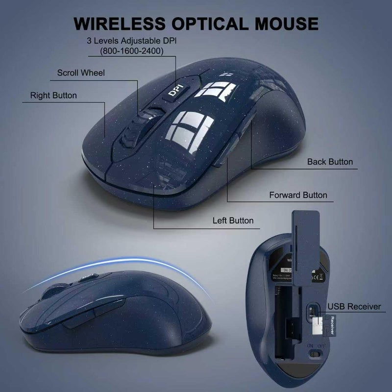 ULSOU Wireless Keyboard and Mouse Combo, ULSOU 2.4G Full-Sized Ergonomic Computer Keyboard with Wrist Rest and 3 Level DPI Adjustable Wireless Mouse for Windows, Mac OS Desktop/Laptop/PC(Blue) - Image 3