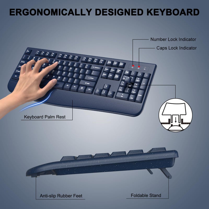 ULSOU Wireless Keyboard and Mouse Combo, ULSOU 2.4G Full-Sized Ergonomic Computer Keyboard with Wrist Rest and 3 Level DPI Adjustable Wireless Mouse for Windows, Mac OS Desktop/Laptop/PC(Blue) - Image 2