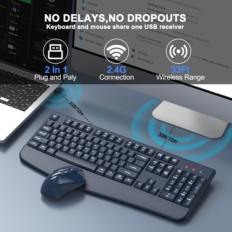 ULSOU Wireless Keyboard and Mouse Combo, ULSOU 2.4G Full-Sized Ergonomic Computer Keyboard with Wrist Rest and 3 Level DPI Adjustable Wireless Mouse for Windows, Mac OS Desktop/Laptop/PC(Blue) - Image 4