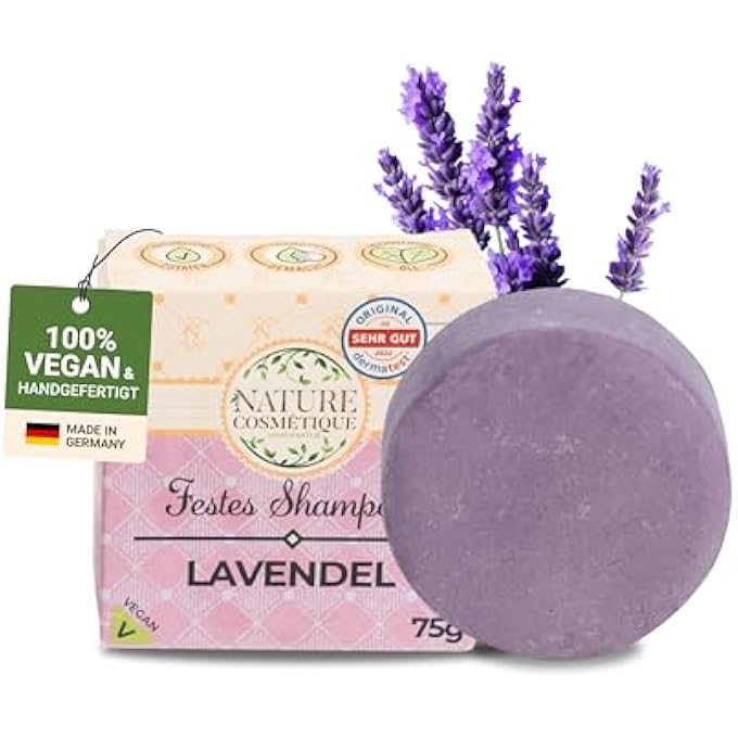 NATURE COSMTIQUE SOLID SHAMPOO LAVENDER - SUSTAINABLE CARE FOR HAIR & SCALP - WITH ORGANIC COCONUT OIL, ALOE VERA & VEGETABLE GLYCERINE - VEGAN, PLASTIC-FREE & HANDMADE IN GERMANY - Image 1