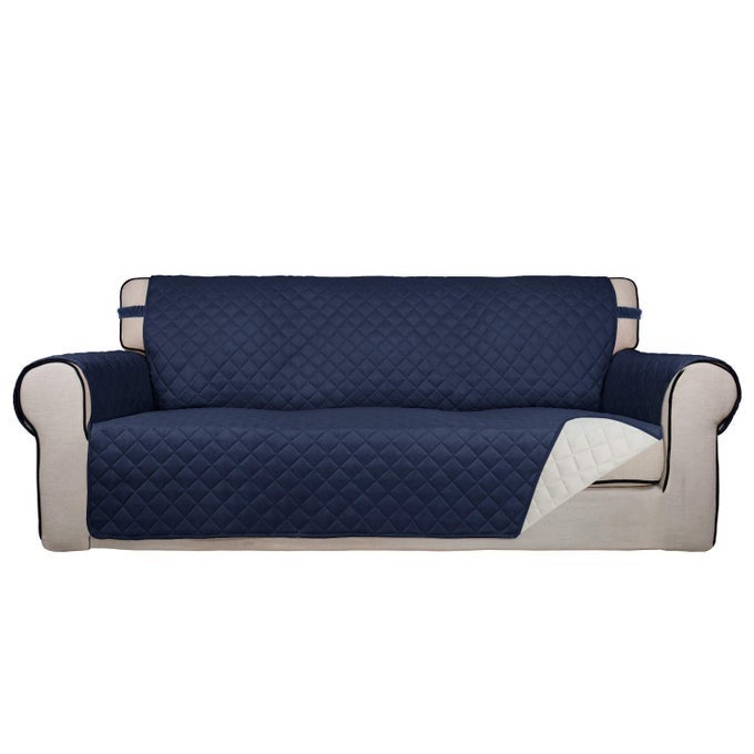 REVERSIBLE QUILTED SOFA COVER WATER RESISTANT SLIPCOVER FURNITURE PROTECTOR WASHABLE COUCH COVER WITH NON SLIP AND ELASTIC STRAPS FOR KIDS PETS OVERSIZED SOFA NAVYIVORY