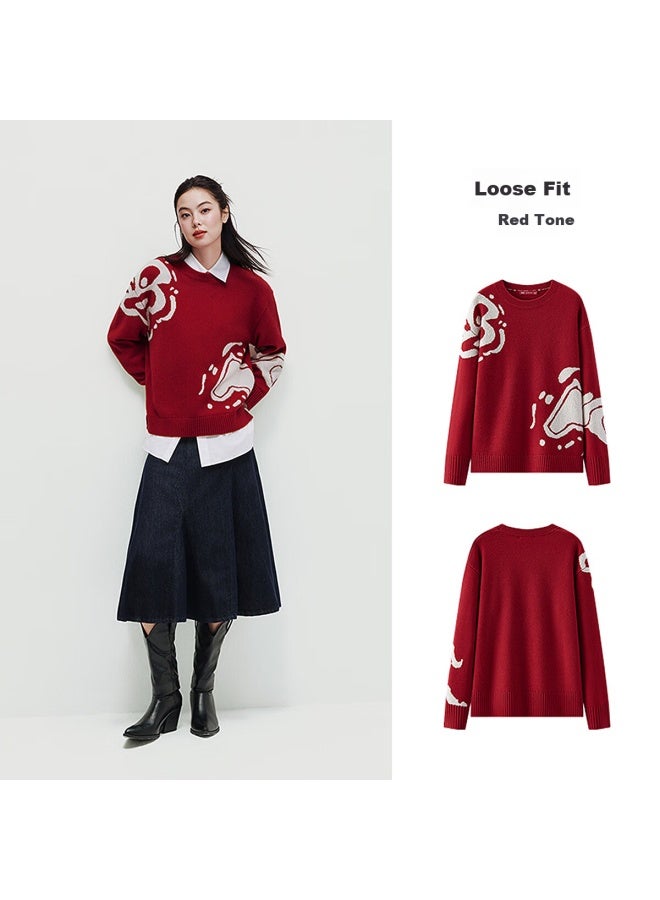 Semir National Museum Style Yan Yi Qi Ji Red Sweater Women 26 New Year Drop Shoulder Jacquard Top 101126107001 - Image 5