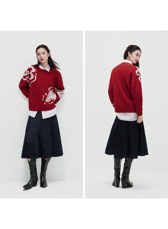Semir National Museum Style Yan Yi Qi Ji Red Sweater Women 26 New Year Drop Shoulder Jacquard Top 101126107001 - Image 3