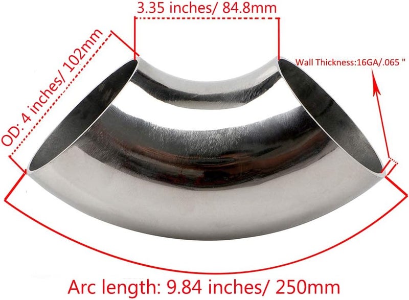KOTVTM 4 Inch Stainless Steel Exhaust Elbow 90° Mandrel Bend Elbow - Thickness 16GA/.065" Wall Material SS304 Exhaust Tubing for Modified Exhaust Elbow Pipe, Stair Handrail (OD: 4") - Image 2