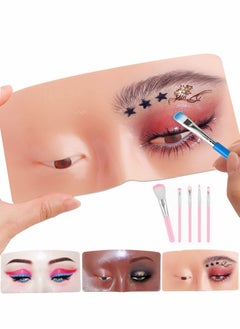 Makeup Practice Face Board 3D Realistic Pad with 5 Brushes for Artist Practice, Eyeshadow Eyeliner Eyebrow Lash mapping Skin Eye Make up Model