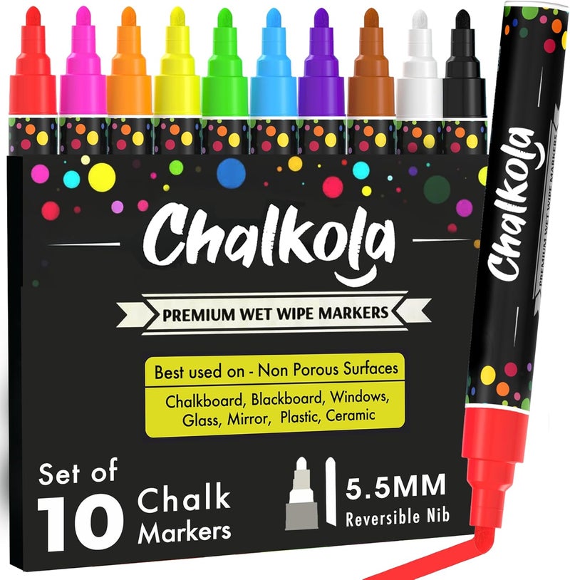Chalkola Chalk Pens for Blackboard, Washable, 10 Chalk Pens, Neon 6 mm Reversible Tip, Chalk Pen for Windows, Blackboard, Whiteboard & as Glass Pen, Chalk Markers for Adults and Children - Image 1
