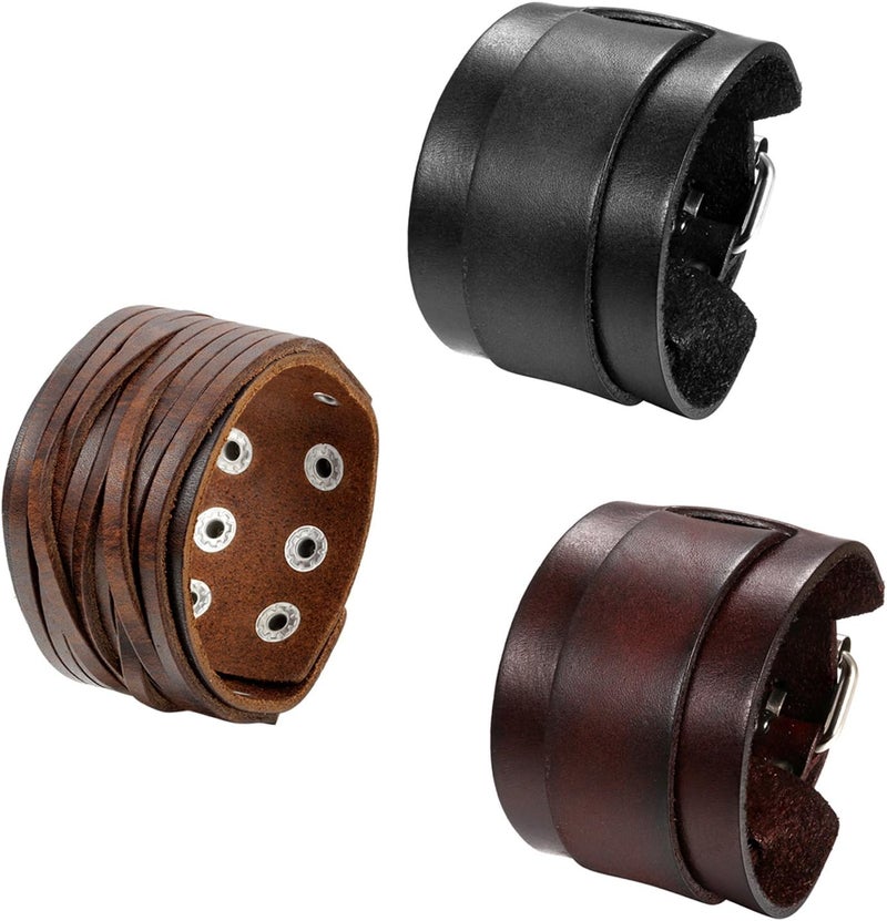 Oidea Assorted 3pcs Mens Punk Multistrand Leather Braided Bangle Cuff Bracelet for Biker Dad Father Size Adjustable - Image 1