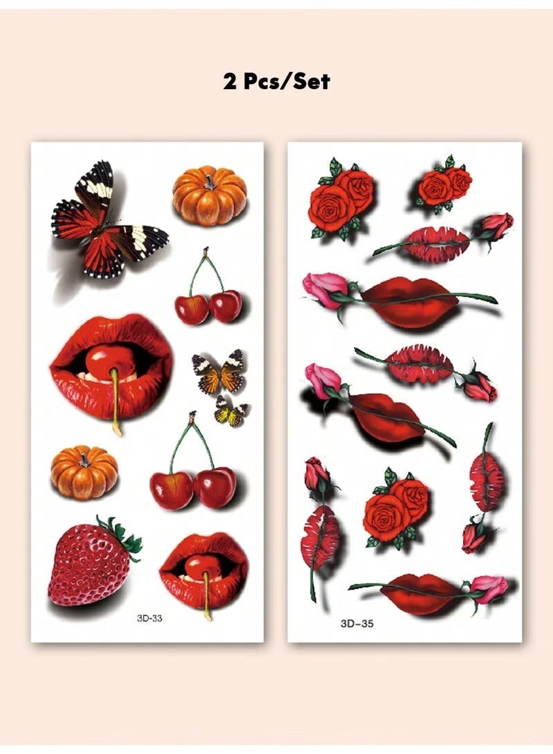 جيكومو 4 قطع لصق طماطم الجسم المؤقتة للنساء الكبيرة - سلسلة حمراء، بصمة شفاه ثلاثية الأبعاد مع أنماط فراشة حمراء ووردة وفراولة وكرز. مائية ومصادقة بالواقعية، تدوم 2-5 أيام، مناسبة للأذرع والمعصمات والأكتاف والأرجل والخصر الرقبة واليدين الصدر والفخذين. - Image 1