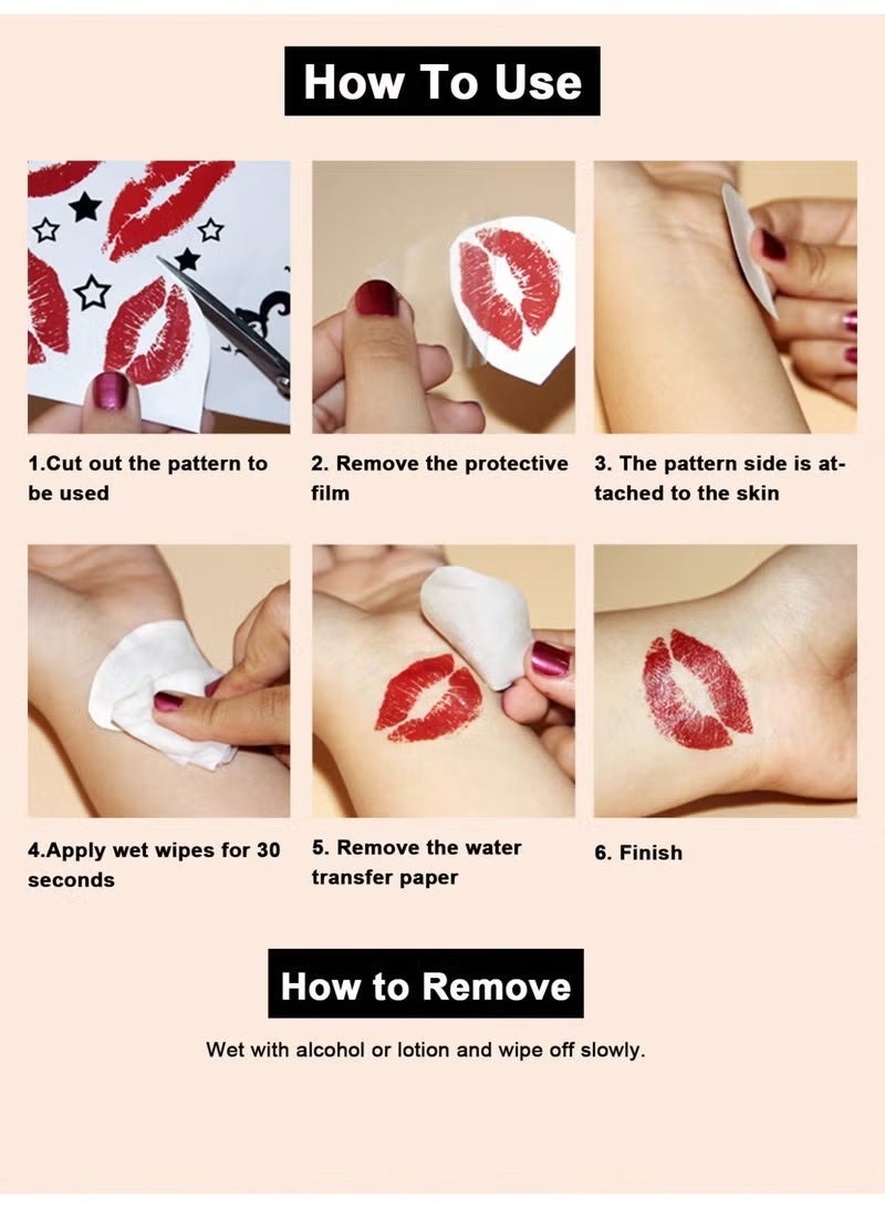 جيكومو 4 قطع لصق طماطم الجسم المؤقتة للنساء الكبيرة - سلسلة حمراء، بصمة شفاه ثلاثية الأبعاد مع أنماط فراشة حمراء ووردة وفراولة وكرز. مائية ومصادقة بالواقعية، تدوم 2-5 أيام، مناسبة للأذرع والمعصمات والأكتاف والأرجل والخصر الرقبة واليدين الصدر والفخذين. - Image 3