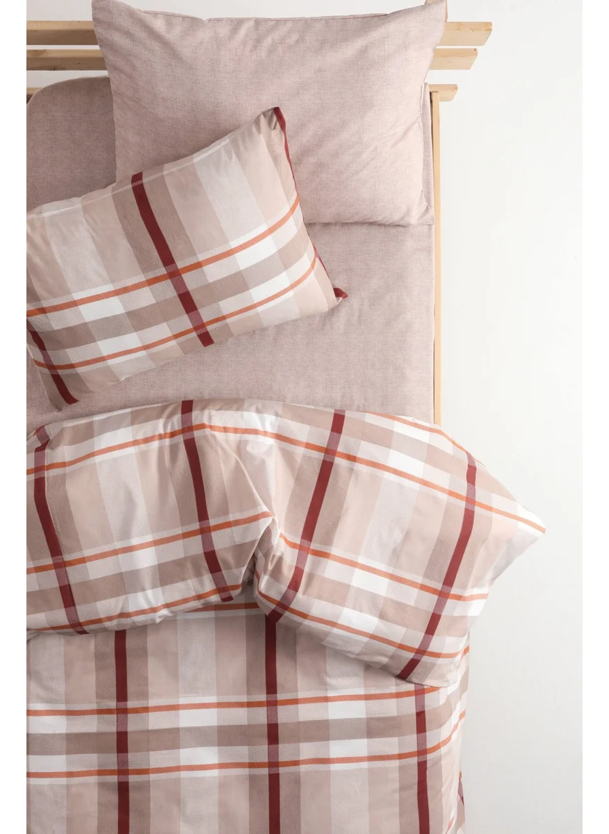 Favora Plaid Cotton Single Duvet Cover Set with Elastic Sheets - Mink