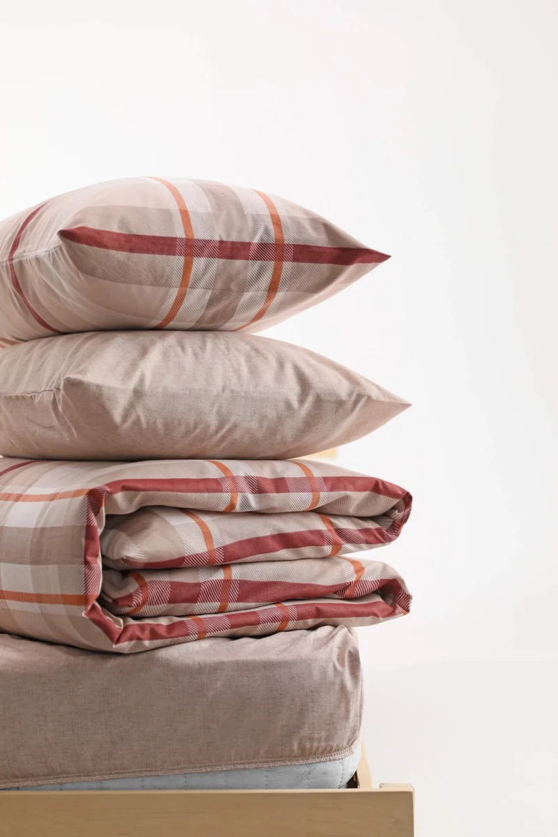 Favora Plaid Cotton Single Duvet Cover Set with Elastic Sheets - Mink