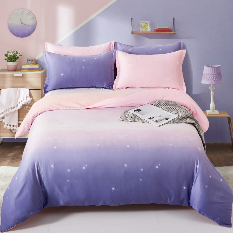 Pink and Purple Gradient Bedding Set Galaxy Duvet Cover Pillowcases with Zipper Closure for Kids Girls Teens Adults Double Size 200x200cm