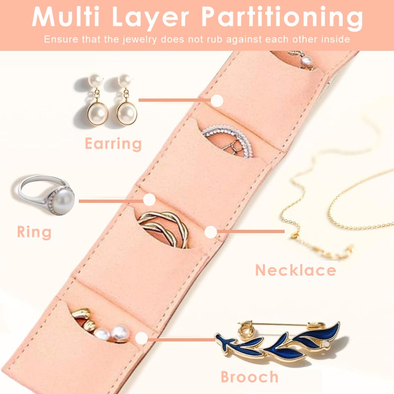 HANNEA® Mini Travel Jewellery Pouch, 4-Compartment PU Pink Ring and Earring Storage, Roll Up Travel Use, PU Material, Snap Button Closure, 4 Compartments, Customer Support - Image 5
