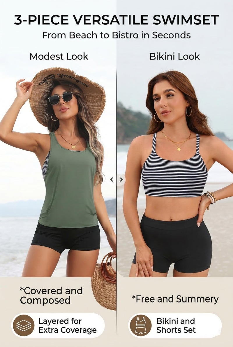 Aqua Eve 3 Piece Tankini Swimsuit for Women Tank Bathing Suit with Shorts Open Back Athletic Swimwear Army Green and Stripes S - Image 4