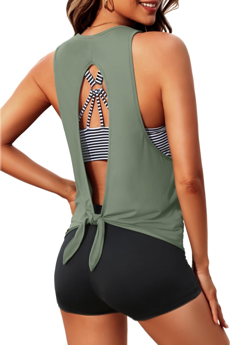 Aqua Eve 3 Piece Tankini Swimsuit for Women Tank Bathing Suit with Shorts Open Back Athletic Swimwear Army Green and Stripes S - Image 1