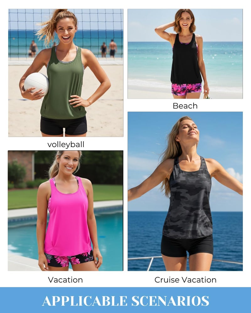Aqua Eve 3 Piece Tankini Swimsuit for Women Tank Bathing Suit with Shorts Open Back Athletic Swimwear Army Green and Stripes S - Image 2