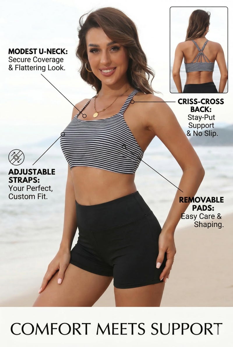 Aqua Eve 3 Piece Tankini Swimsuit for Women Tank Bathing Suit with Shorts Open Back Athletic Swimwear Army Green and Stripes S - Image 5