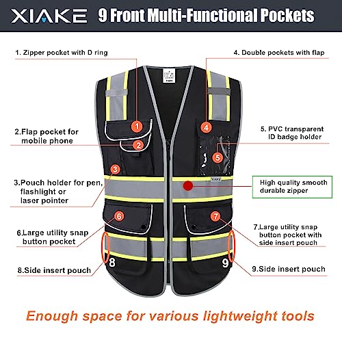 XIAKE 9 Pockets High Visibility Safety Vest Black with 2 Inch Dual Tone Reflective Strips - Yellow Trim,Meets ANSI/ISEA Standard,3X-Large - Image 3