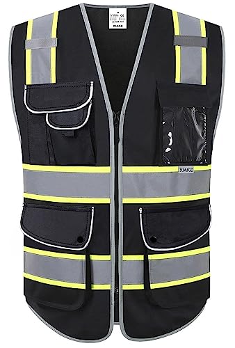 XIAKE 9 Pockets High Visibility Safety Vest Black with 2 Inch Dual Tone Reflective Strips - Yellow Trim,Meets ANSI/ISEA Standard,3X-Large - Image 1