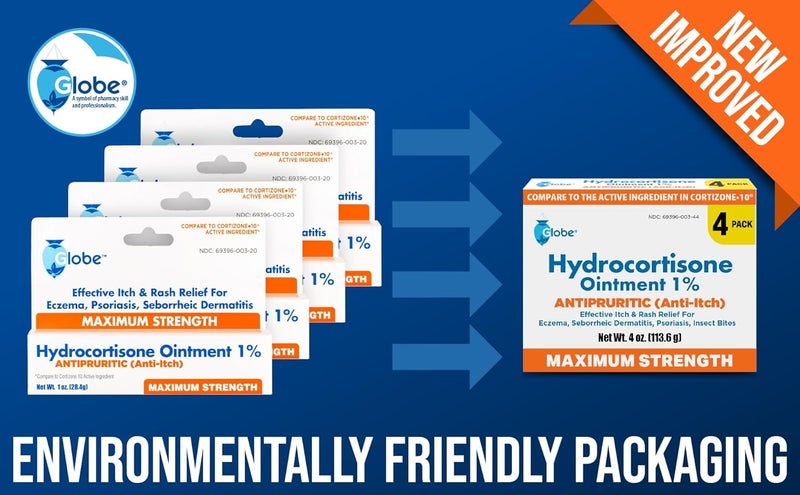 Globe مرهم هيدروكورتيزون شفاف بقوة قصوى من جلوب 4 عبوات 11 أونصة مرهم موضعي مضاد للحكة للاحمرار والتورم والحكة والطفح الجلدي ولدغات الحشرات والبعوض والأكزيما والبواسير والمزيد - Image 4