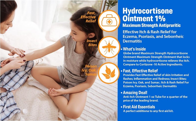 Globe مرهم هيدروكورتيزون شفاف بقوة قصوى من جلوب 4 عبوات 11 أونصة مرهم موضعي مضاد للحكة للاحمرار والتورم والحكة والطفح الجلدي ولدغات الحشرات والبعوض والأكزيما والبواسير والمزيد - Image 3