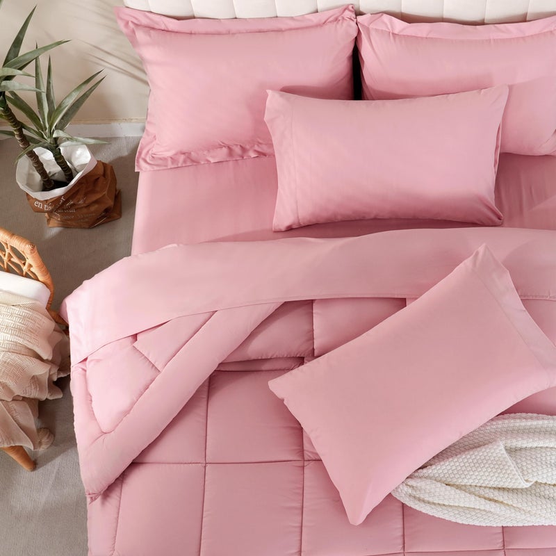 DOWNCOOL Full Size Comforter Sets, 7Pcs Full Size Bedding Sets Pink, All Season Down Alternative Bedding Comforter Sets with Comforter, Flat Sheet, Fitted Sheet, 2 Pillow Shams & 2 Pillowcases - Image 2