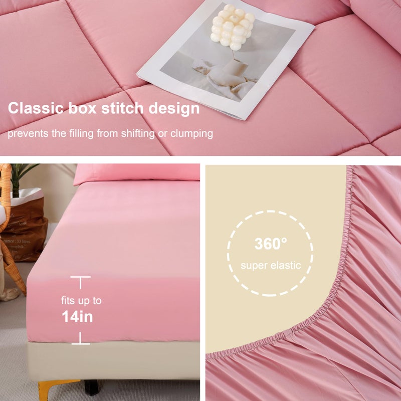 DOWNCOOL Full Size Comforter Sets, 7Pcs Full Size Bedding Sets Pink, All Season Down Alternative Bedding Comforter Sets with Comforter, Flat Sheet, Fitted Sheet, 2 Pillow Shams & 2 Pillowcases - Image 4