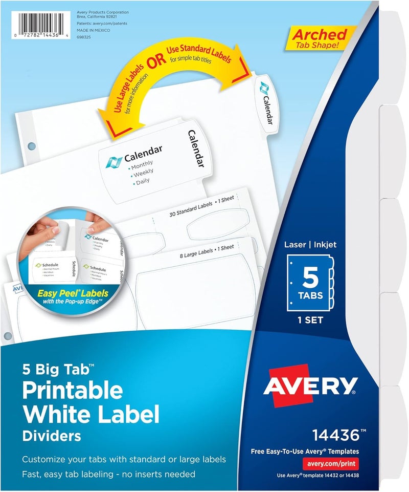 AVERY Big Tab Printable White Label Dividers with Easy Peel, 5 Tabs, 1 Set (14436) - Image 1