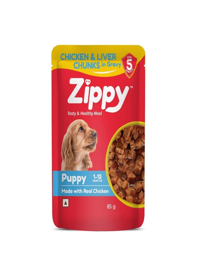 ZIPPY 1-12 Months Puppy Dog Food Chicken & Liver Chunks in Gravy of Real Chicken | Gravy Meal Helps Strengthen Dog’s Immune System| Minerals Contribute to Maintaining Strong Bones & Teeth (85g Pack) - Image 1