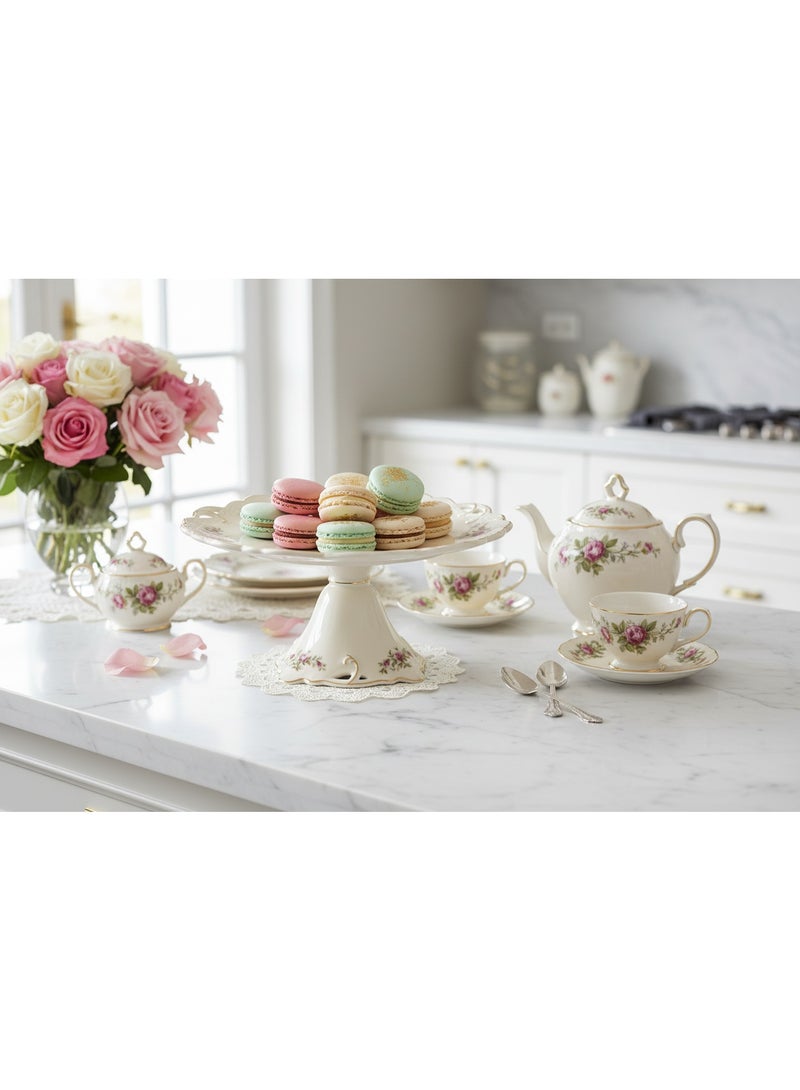 AKDC Angela Premium Round Footed Cream Ceramic Cake Serving Plate with Floral Design 30×15 cm Dessert Stand - Image 5